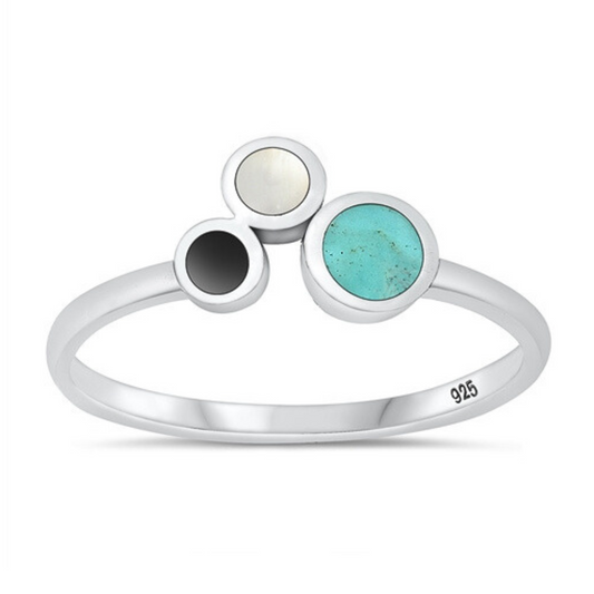 Sterling Silver Moonstone, Black Agate and Turquoise Ring