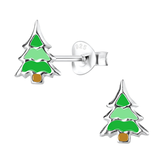 Tiny Green Tree Earrings on a White Background.